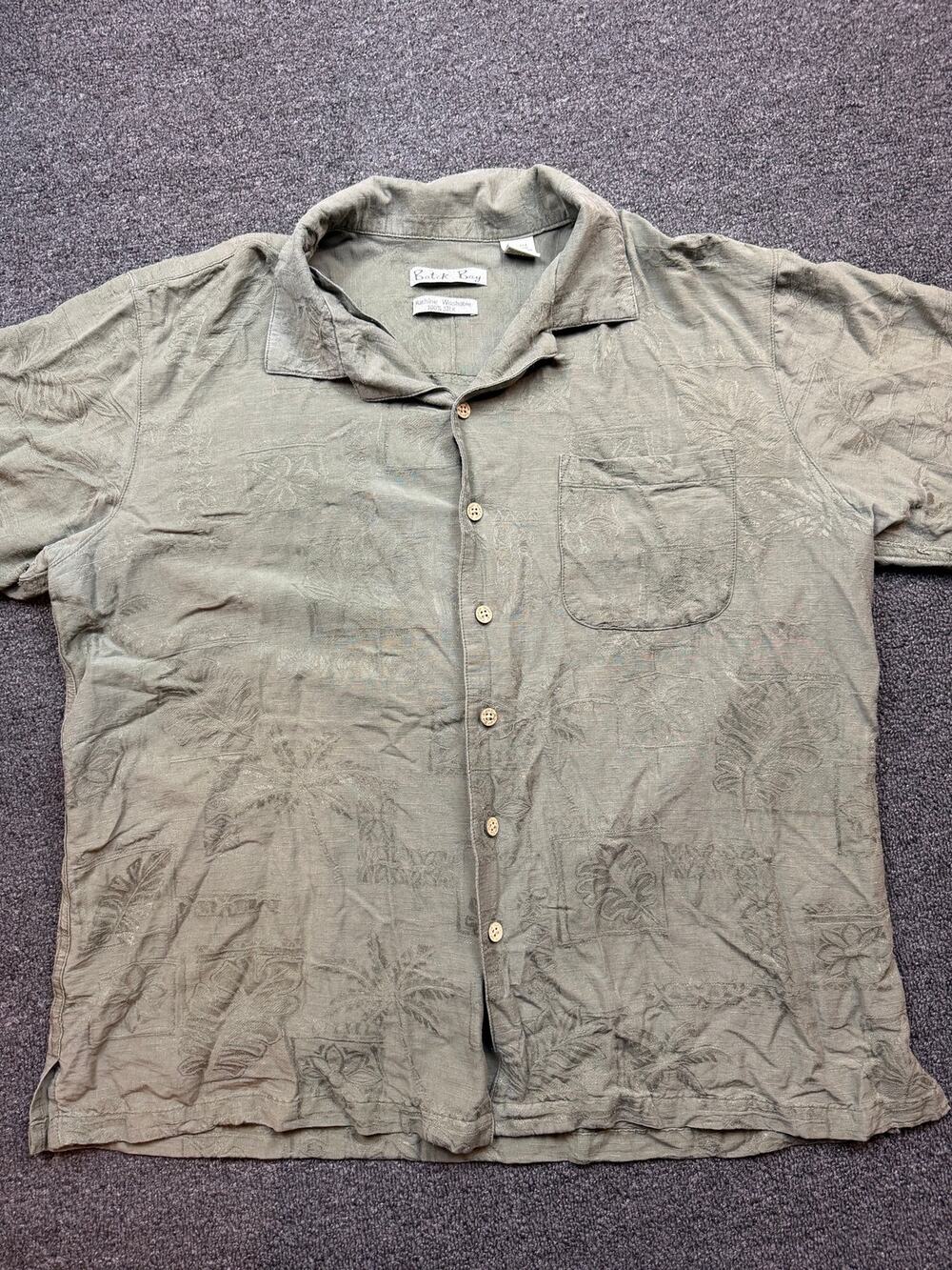 Batik Bay Men's Large 100% Silk Jacquard Palm Camp Shirt Olive Green Hawaiian